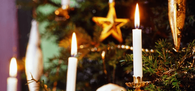 A close-up photo of candles lit on a Christmas tree.