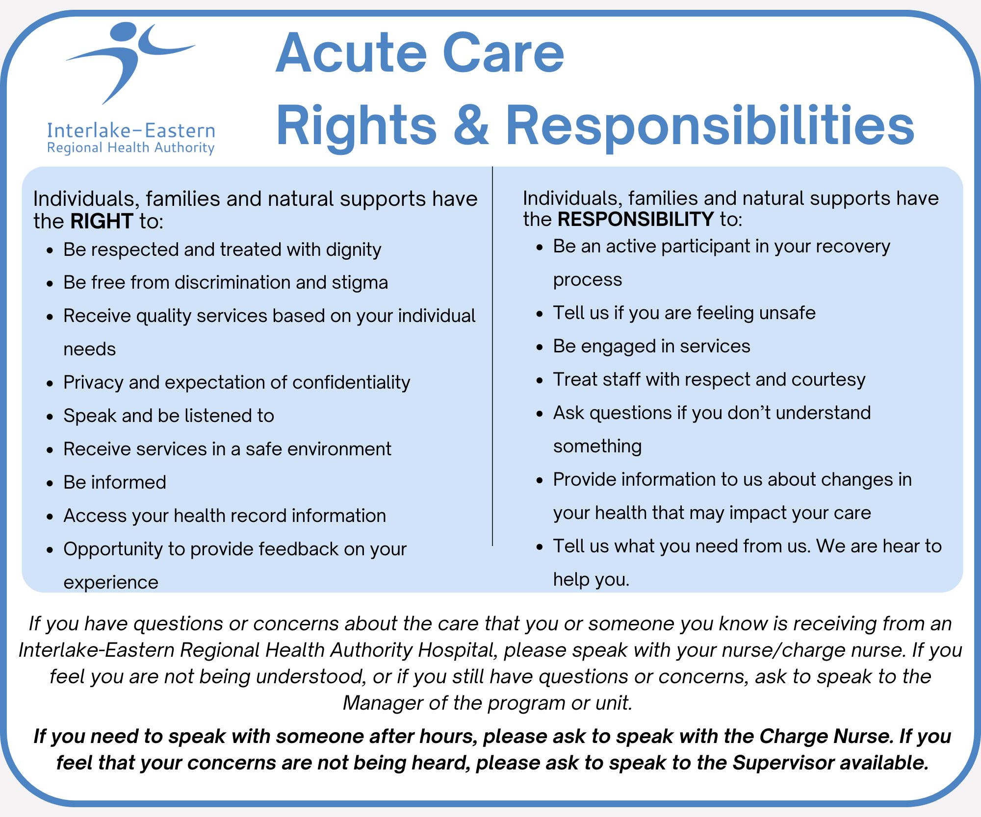 Acute Care Rights & Responsibilities ndividuals, families and natural supports have the RIGHT to: Be respected and treated with dignity Be free from discrimination and stigma Receive quality services based on your individual needs Privacy and expectation of confidentiality Speak and be listened to Receive services in a safe environment Be informed Access your health record information Opportunity to provide feedback on your experience. Individuals, families and natural supports have the RESPONSIBILITY to: Be an active participant in your recovery process Tell us if you are feeling unsafe Be engaged in services Treat staff with respect and courtesy Ask questions if you don’t understand something Provide information to us about changes in your health that may impact your care Tell us what you need from us. We are hear to help you.